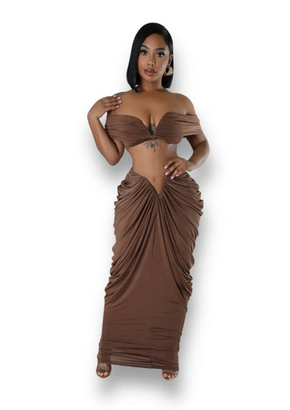 Ruched Low Waist Maxi Long Skirts Set