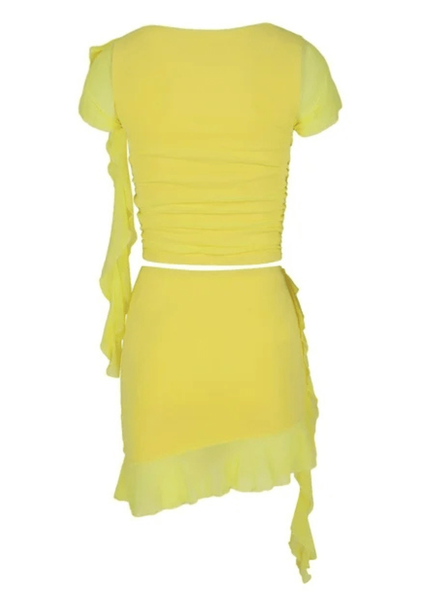 yellow Ruched Ruffle Matching Set