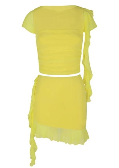 yellow Ruched Ruffle Matching Set