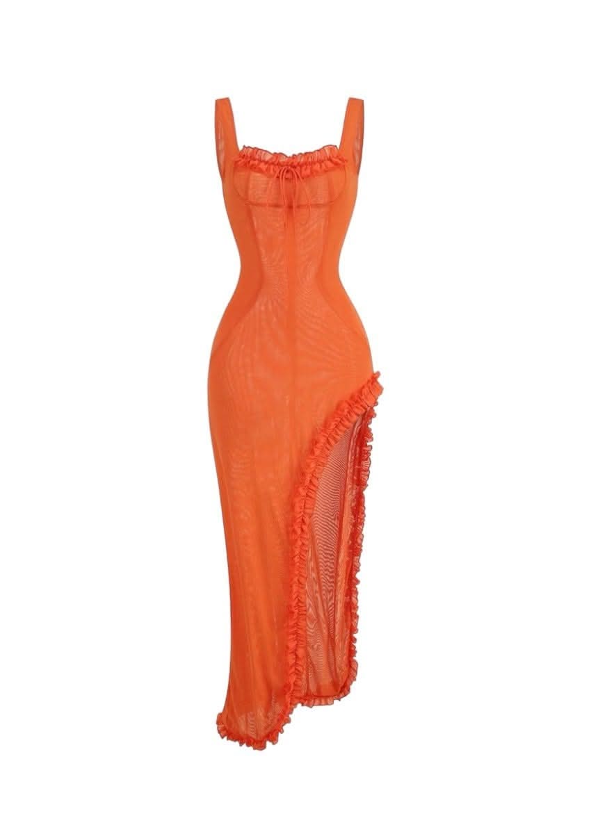 Ruffle Maxi Slit Dress, Orange / M Ruffle Maxi Slit Dress, Orange / M