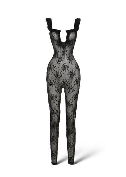 Ruffle Strap Coquette Black Lace Jumpsuit