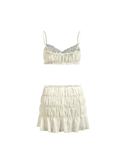 Ruffled Spaghetti Strap Tops and Low Waist Skirt