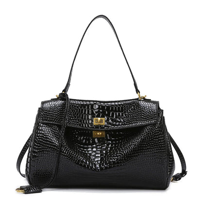 Black Crocodile Pattern Satchel Handbag