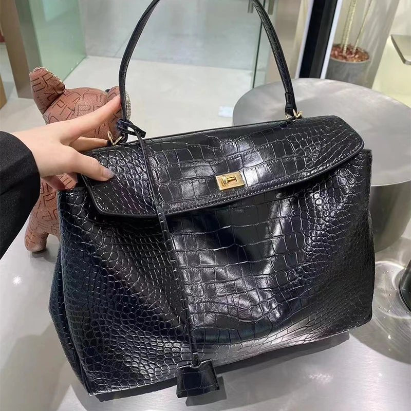 Crocodile Pattern Black Satchel Handbag