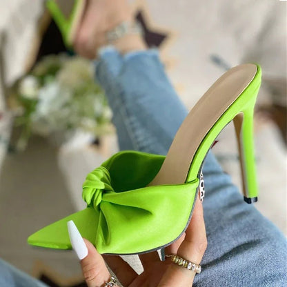 Green Satin Bow Pointed - Toe Mules