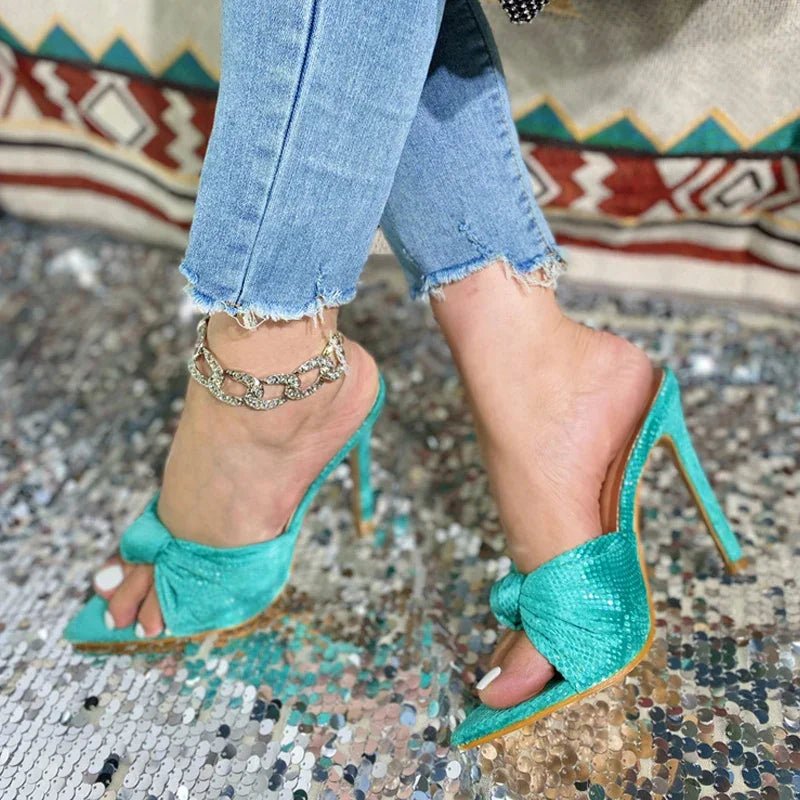 Teal Satin Bow Pointed - Toe Mules