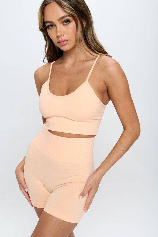 Seamless Sleveless Crop Top and Biker Shorts Set