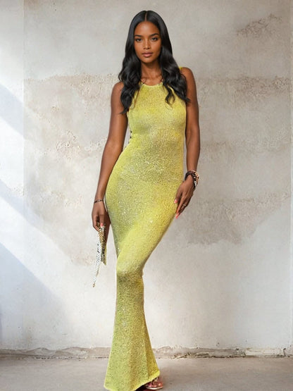 See-Through Yellow Sequin Maxi Dress | Mabel Love Co Yellow / XL See-Through Yellow Sequin Maxi Dress | Mabel Love Co Yellow / XL