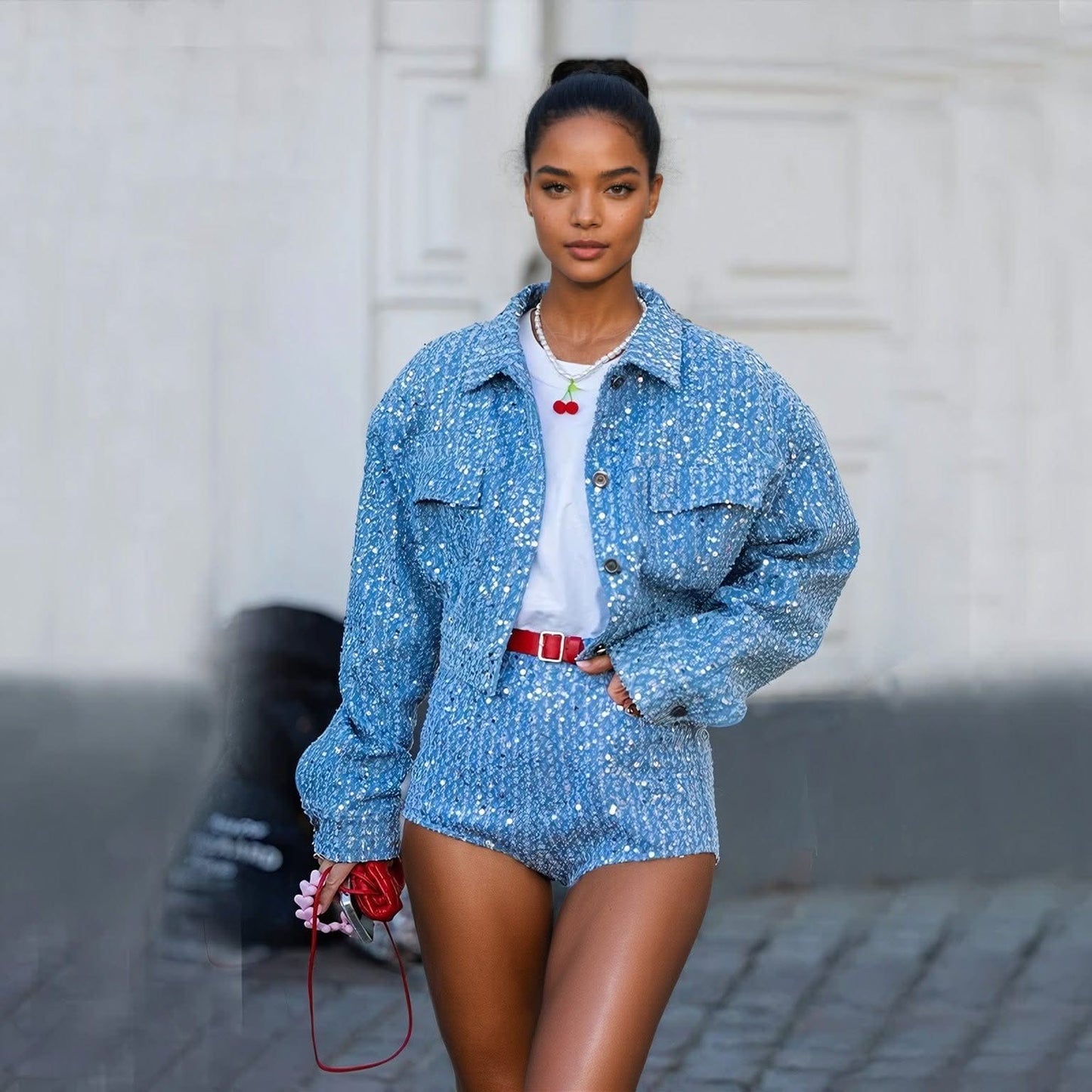 Sequin Denim Jacket Shorts Set Trendy Two-Piece Outfit Mabel