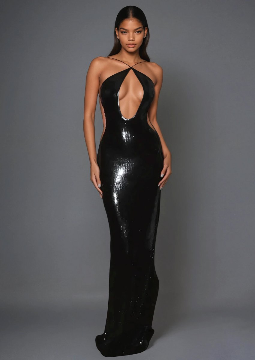 Sequin Halter Backless Maxi Dress