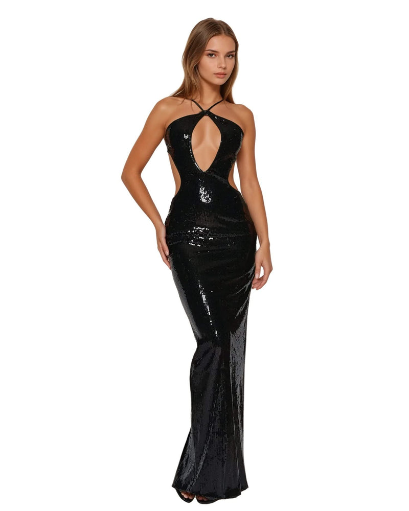 Sequin Halter Backless Maxi Dress Product Video
