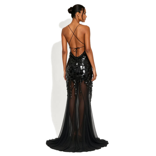 Sequin Mesh Mermaid Dress — black back