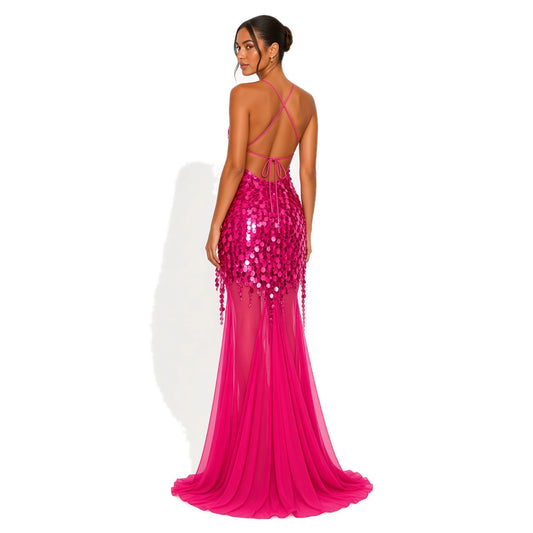 Sequin Mesh Mermaid Dress — pink back