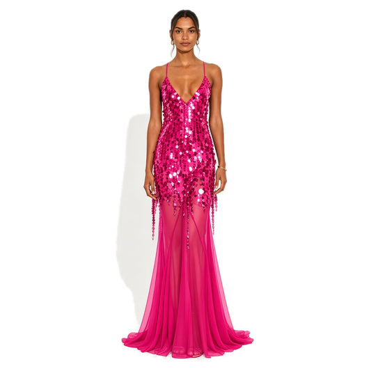 Sequin Mesh Mermaid Dress — pink front