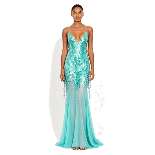 Sequin Mesh Mermaid Dress — turquoise front