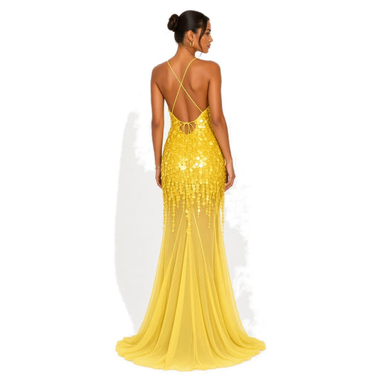 Sequin Mesh Mermaid Dress — yellow back