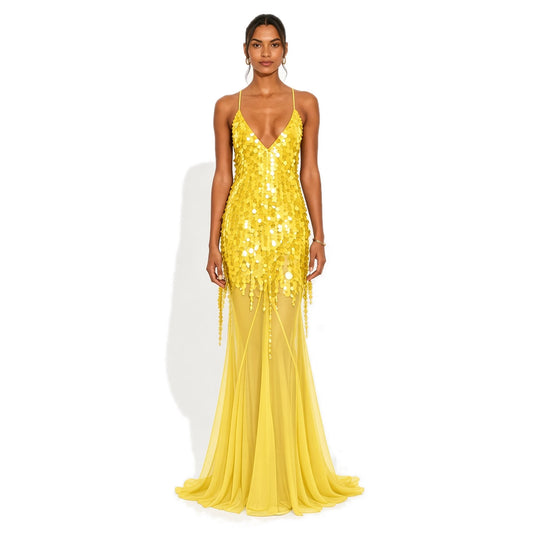 Sequin Mesh Mermaid Dress — yellow front