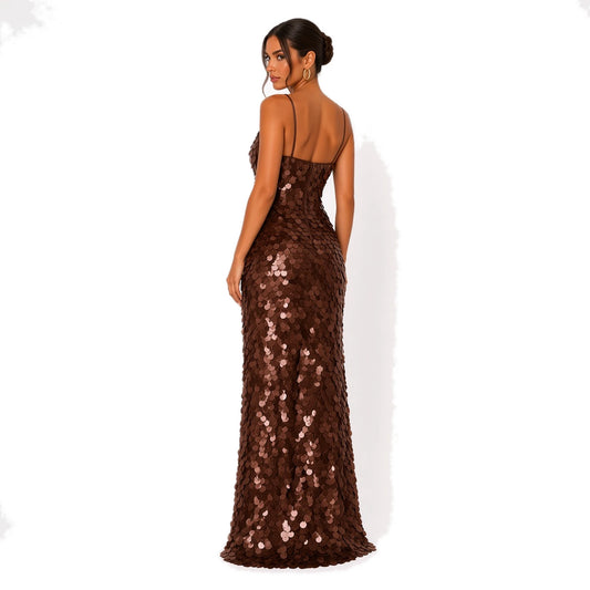Sequin V-Neck Maxi Dress — coffee back