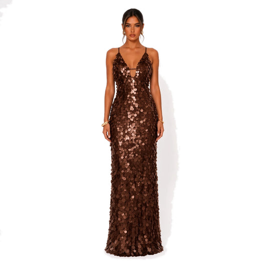 Sequin V-Neck Maxi Dress — coffee front