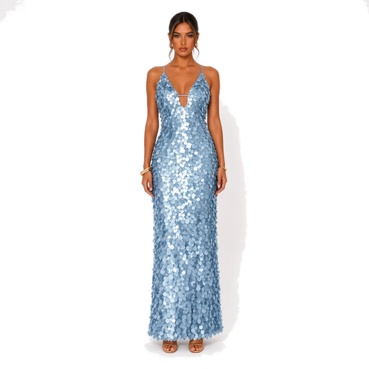 Sequin V-Neck Maxi Dress — ice blue front