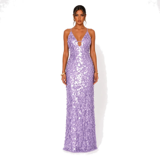 Sequin V-Neck Maxi Dress — lilac front