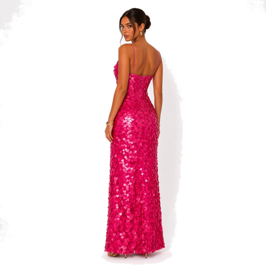 Sequin V-Neck Maxi Dress — pink back
