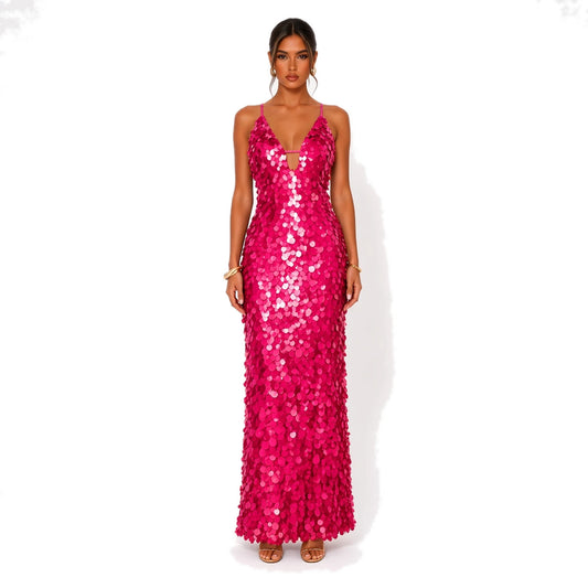 Sequin V-Neck Maxi Dress — pink front