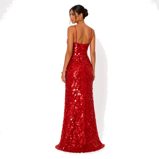 Sequin V-Neck Maxi Dress — red back