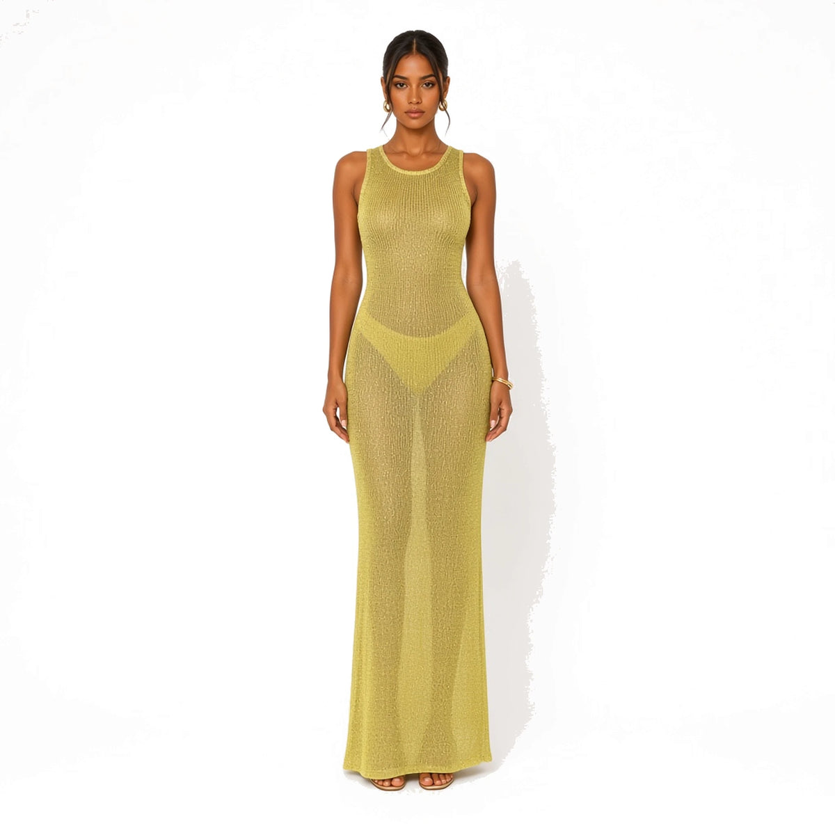 See-Through Yellow Sequin Maxi Dress – Sleeveless Evening Gown — Yellow front