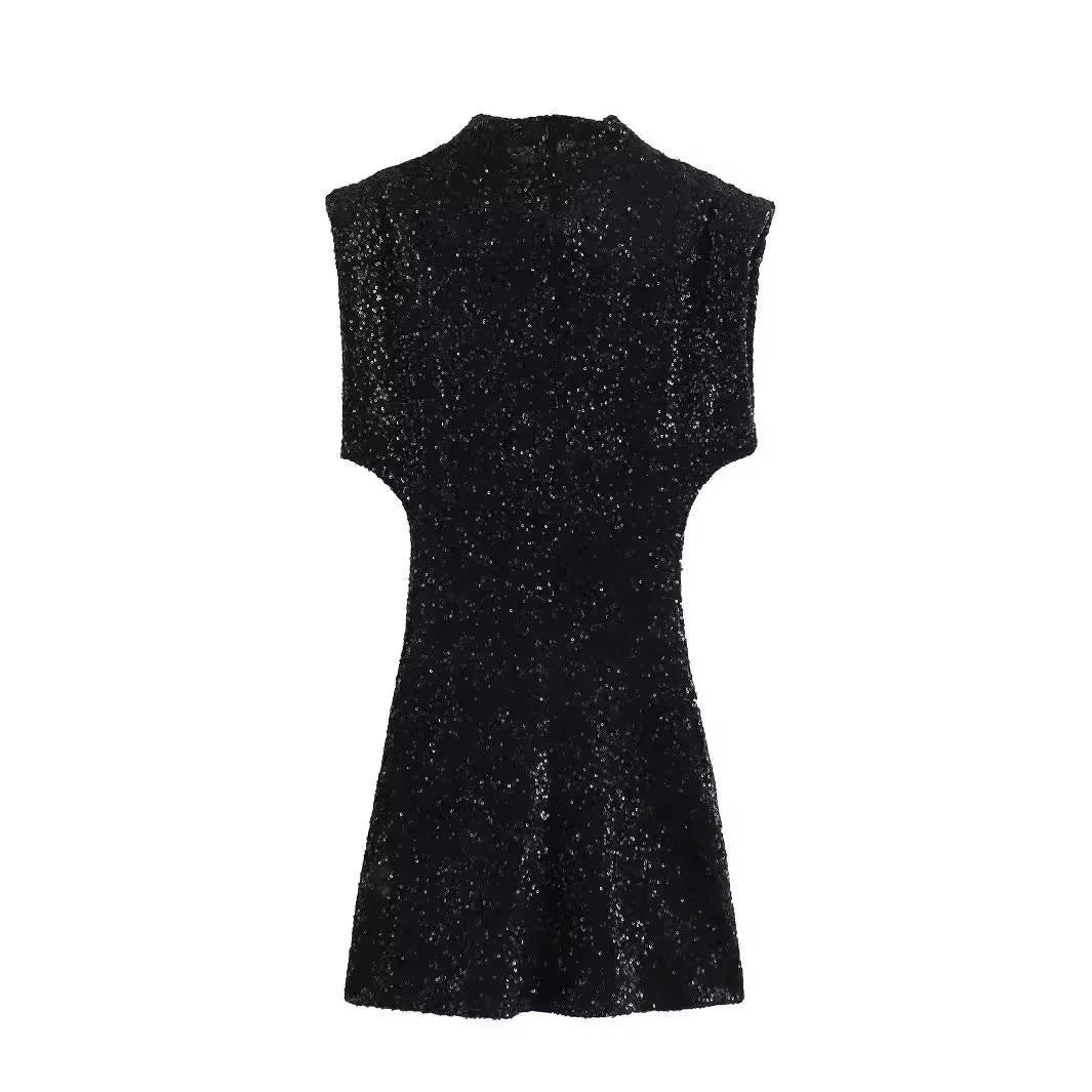 Black Sequined Short - Sleeved Mini Dress