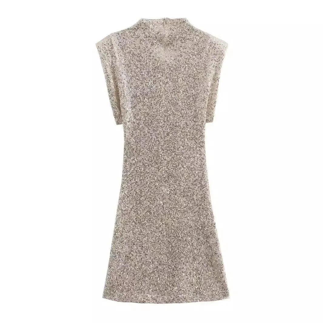 Beige Sequined Short - Sleeved Mini Dress