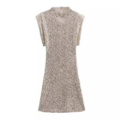 Beige Sequined Short - Sleeved Mini Dress