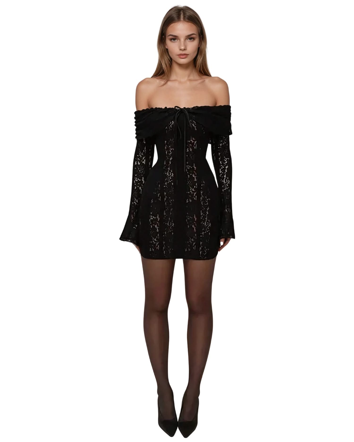 Shadow Bloom Dress - Off-the-Shoulder Black Lace Dress