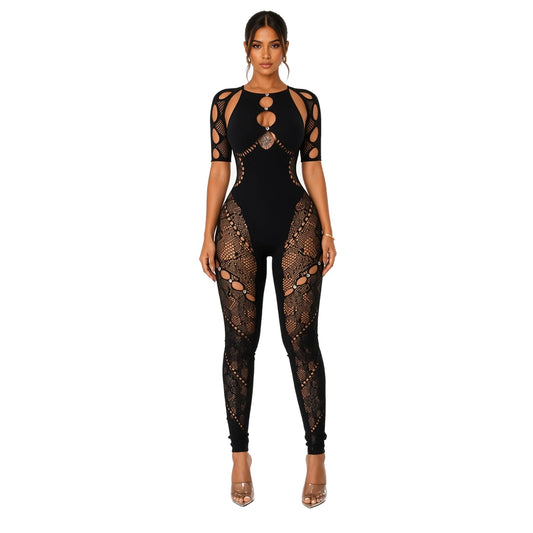 Short Sleeve Mesh Bodycon Jumpsuit — black front