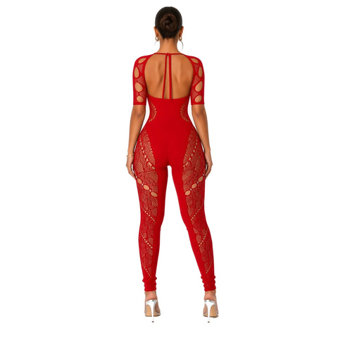 Short Sleeve Mesh Bodycon Jumpsuit — red back