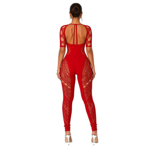 Short Sleeve Mesh Bodycon Jumpsuit — red back