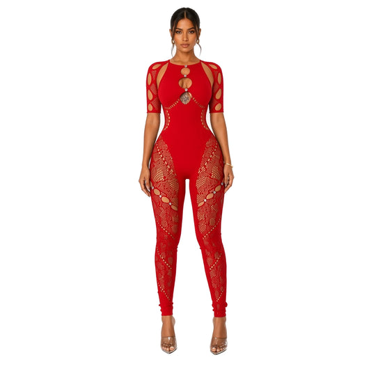 Short Sleeve Mesh Bodycon Jumpsuit — red front