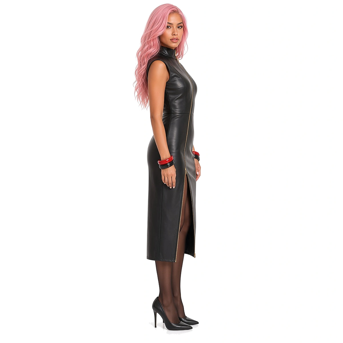 Faux Leather Zip Midi Dress — side