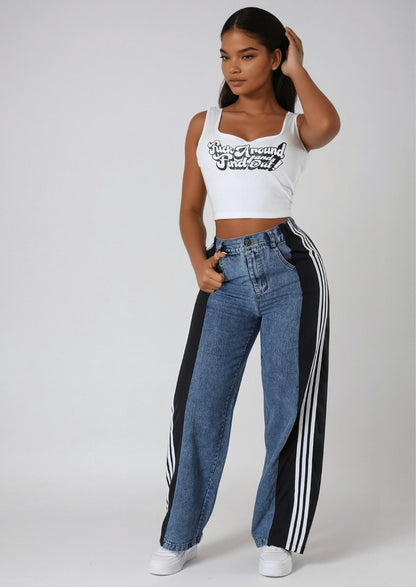 Side Seam Striped Wide Leg Jeans