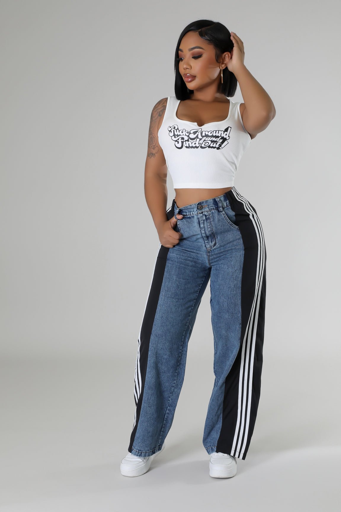 Side Seam Striped Wide Leg Jeans