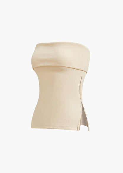 Beige Side Zipper Tube Tops