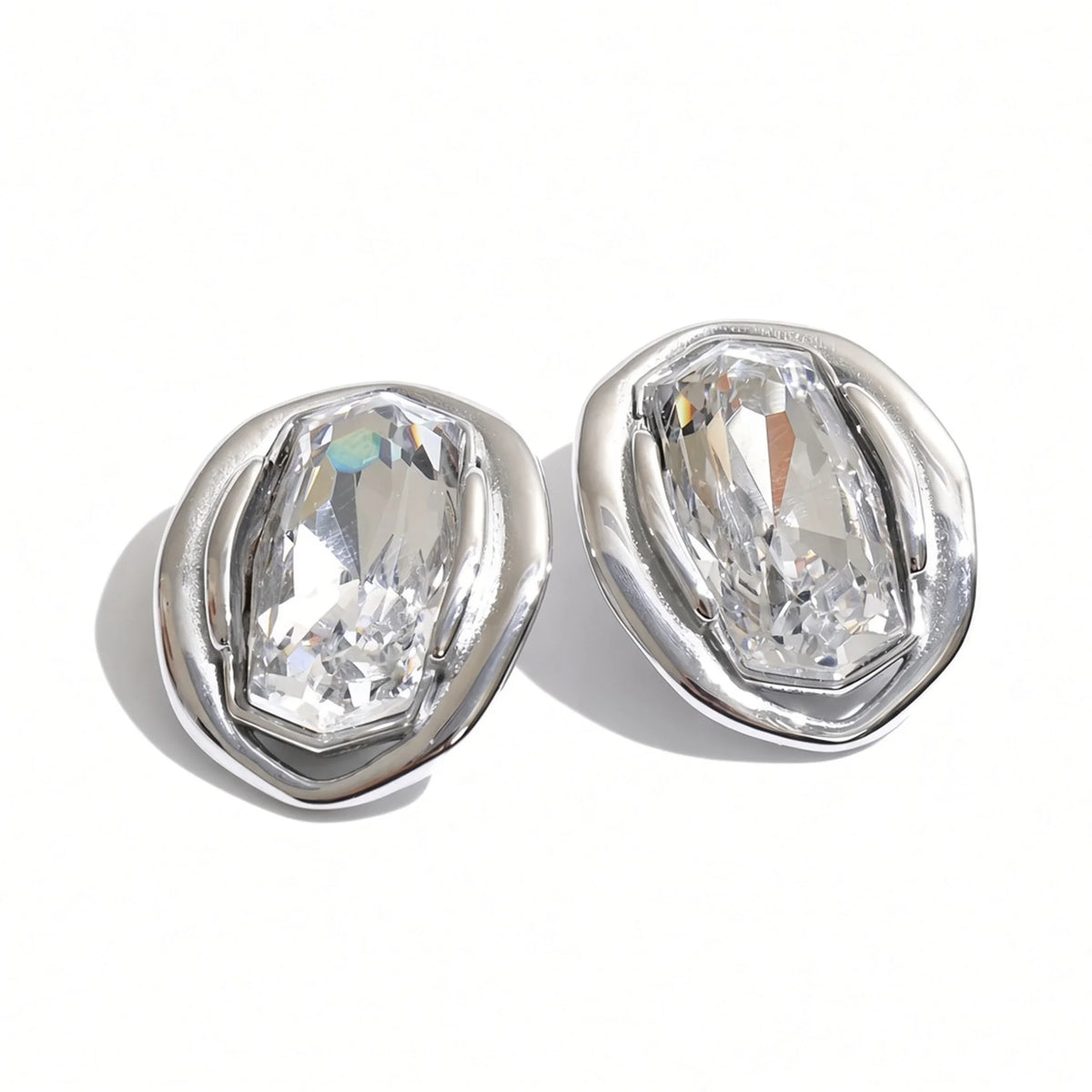 Molten Bezel Crystal Stud Earrings — silver clear front