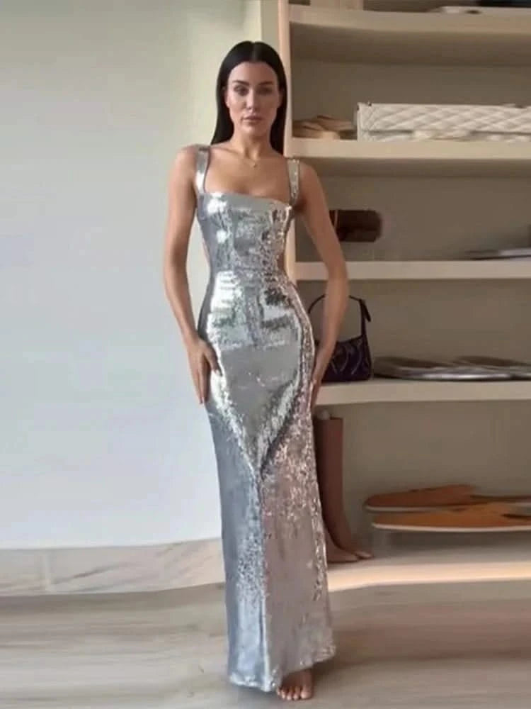 silver color long dresses V-neck Halter A-line Grey Sequin Tulle Prom Dresses, Newest 2021 Prom up back detail ensures a customizable Silver Maxi Dress | Mabel