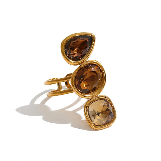 Three Stone Adjustable Crystal Ring — smoky brown front