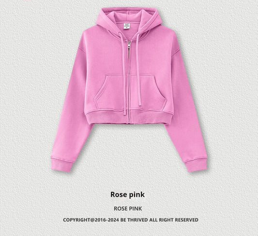 Pink Solid Color Hooded Sweater