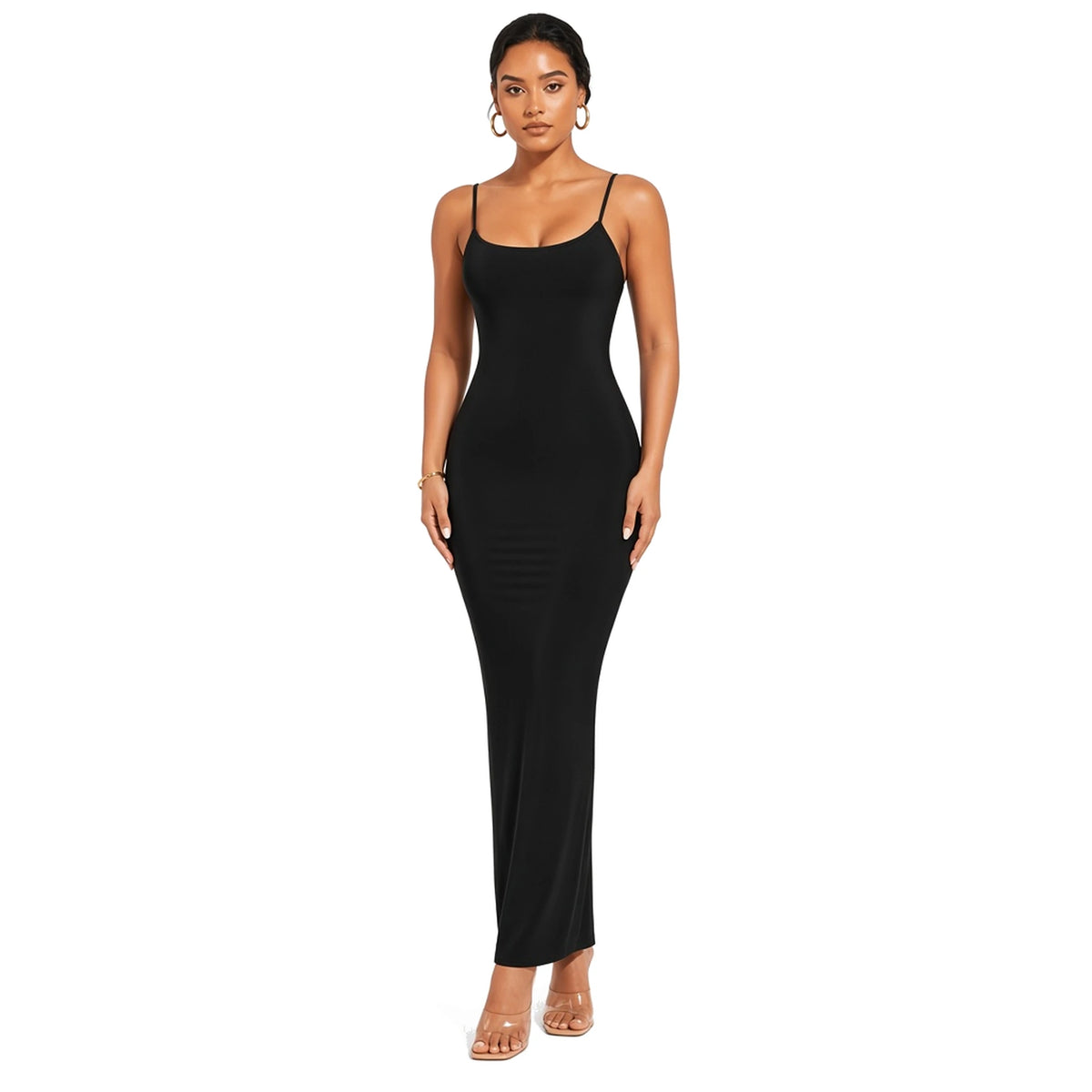 SOLID LONG LOW BACK DRESS — Black front