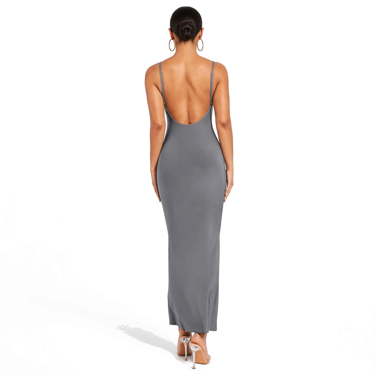SOLID LONG LOW BACK DRESS — Dark Grey back