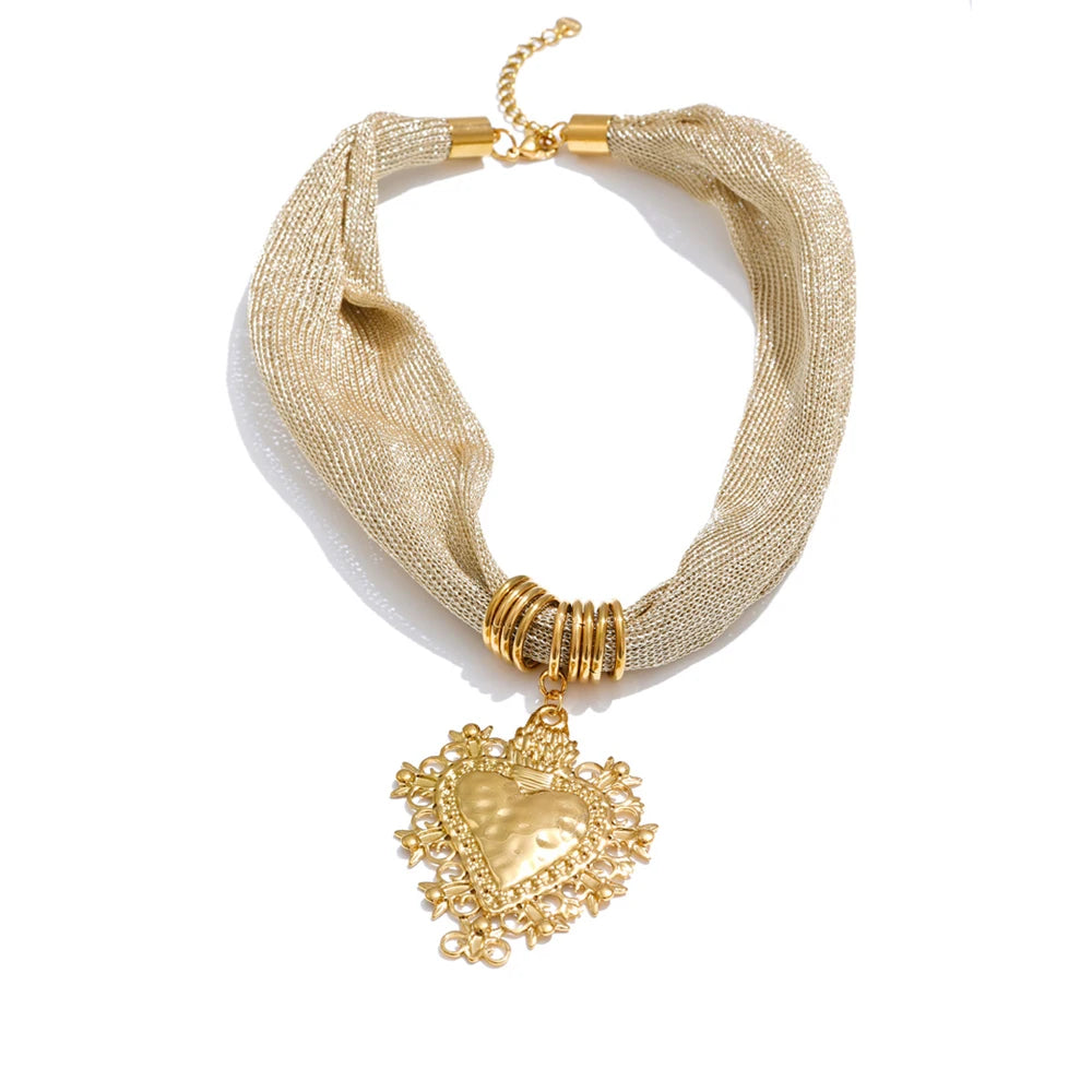 statement multi-strand mesh necklace with a heart-shaped pendant