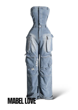 Strapless Denim Cargo Jumpsuit - Mabel Love Co - JUMPSUIT