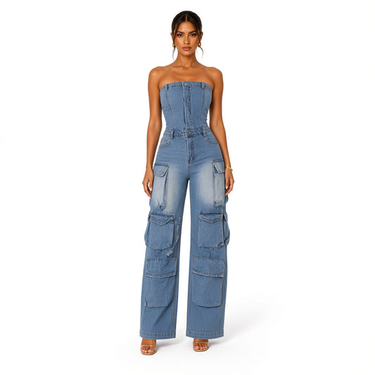 Strapless Denim Jumpsuit — denim front